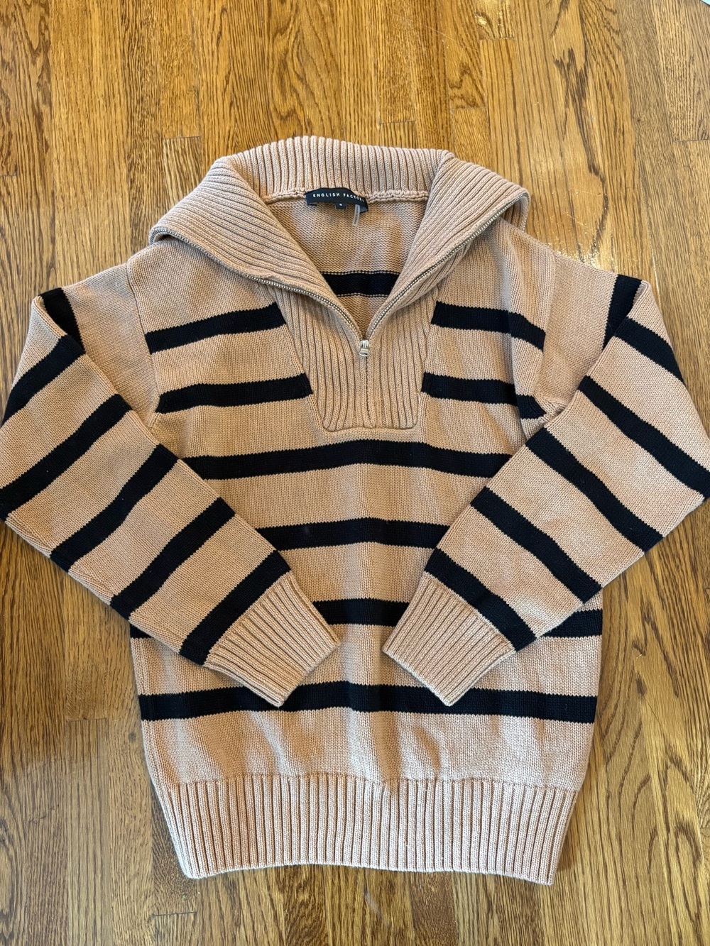 English Factory Tan & Black Striped Shawl Collar Half-Zip Sweater